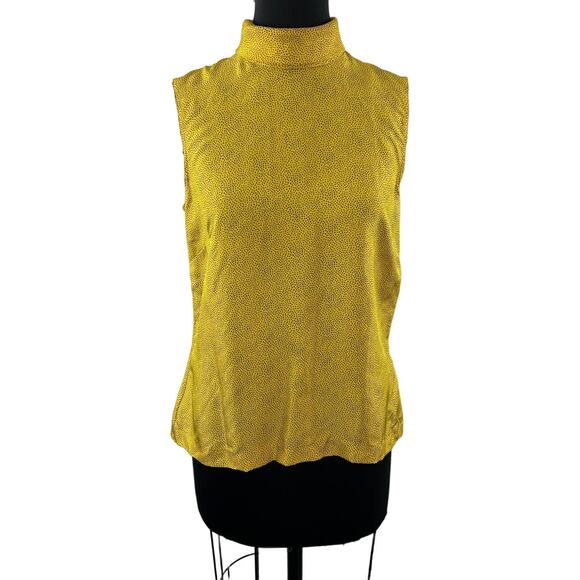 VINTAGE Cathy Hardwick Yellow Black 8 Blouse Polka Dot Silk Collar Back Button - Picture 2 of 7